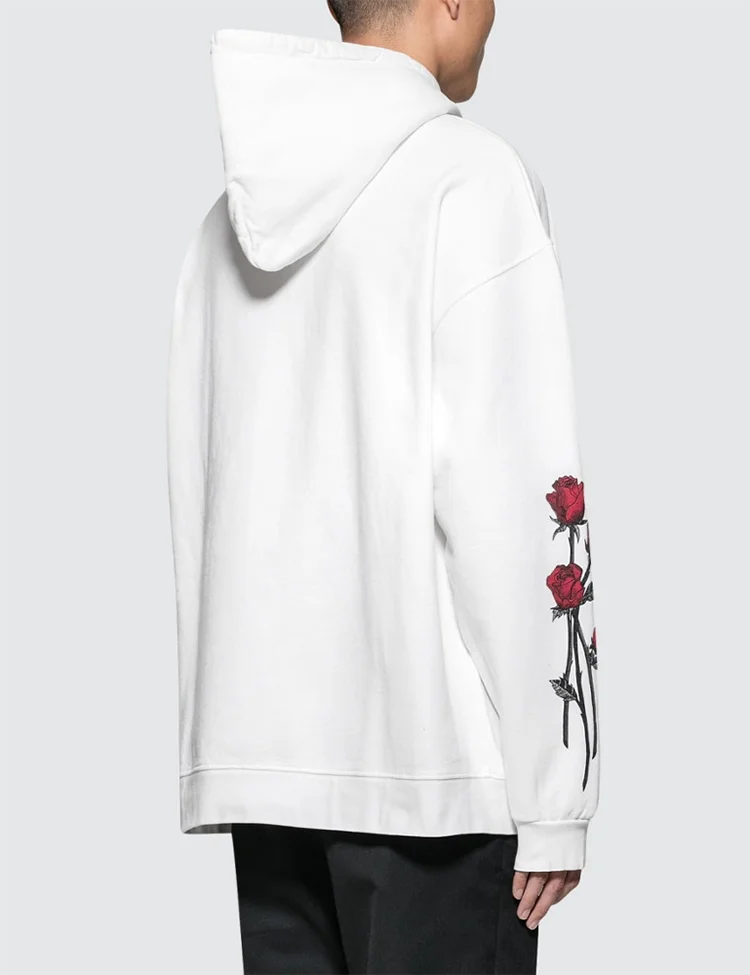Custom Fashion Casual Mens Heavy Hoodie High Quality 100% Cotton Rose Flower Embroidery Plain White Hoodies