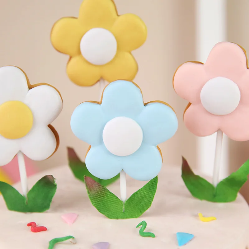 Birthday Party Decors Ins Trendy Pink Blue Yellow White Flower Cake Topper Colorful Flower Cake Toppers