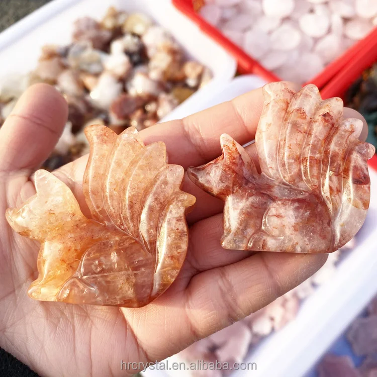 Semi-precious Stone Crafts Hematoid Quartz Rose Quartz Nine Tail Fox Crystal Animal Carvings
