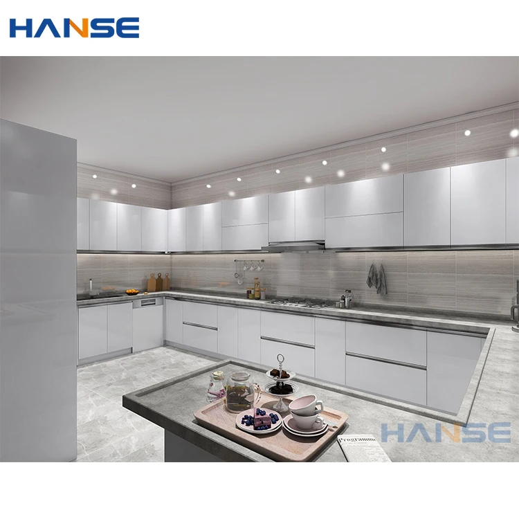 Custom modern complete u shape white high gloss lacquer finish flat pack modular wood kitchen cabinet set design with marble top