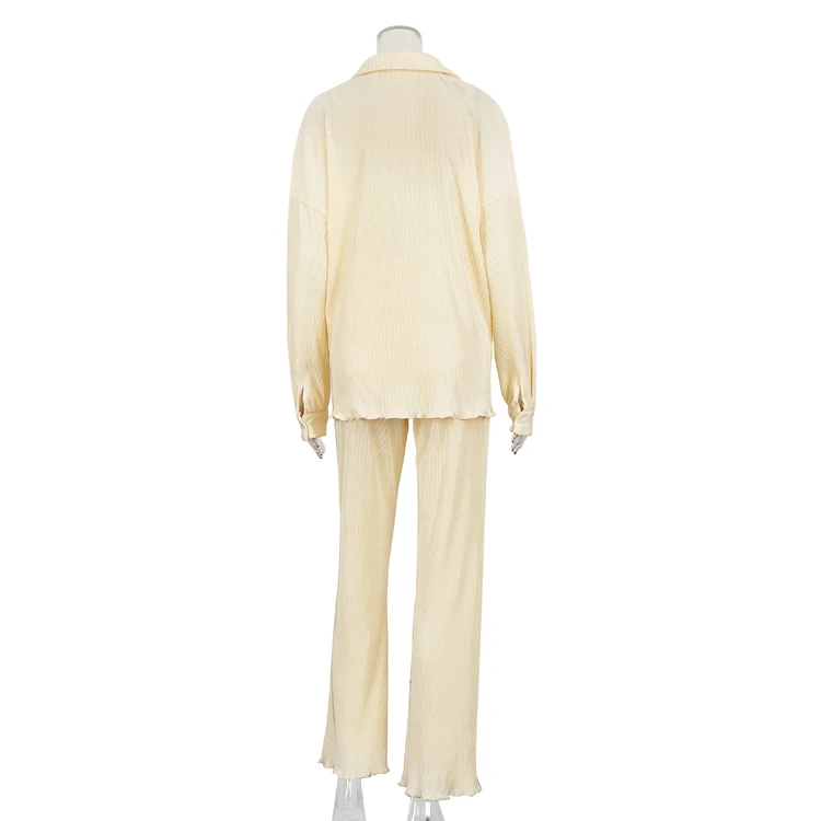 Блузка женская плиссированная с длинным рукавом, повседневный свободный элегантный домашний наряд бежевого цвета с широкими штанинами, с завышенной талией, осень