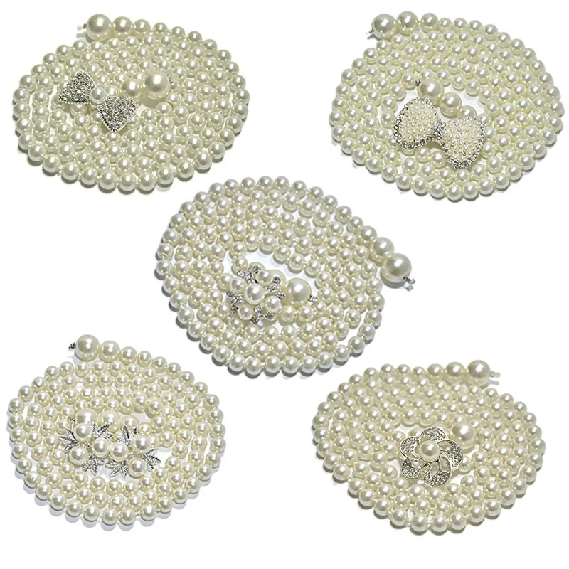 Fashion Women Elastic Belt Flower Girls Dress Decorative Belt Pearl Rhinestones Thin Waist Belts
