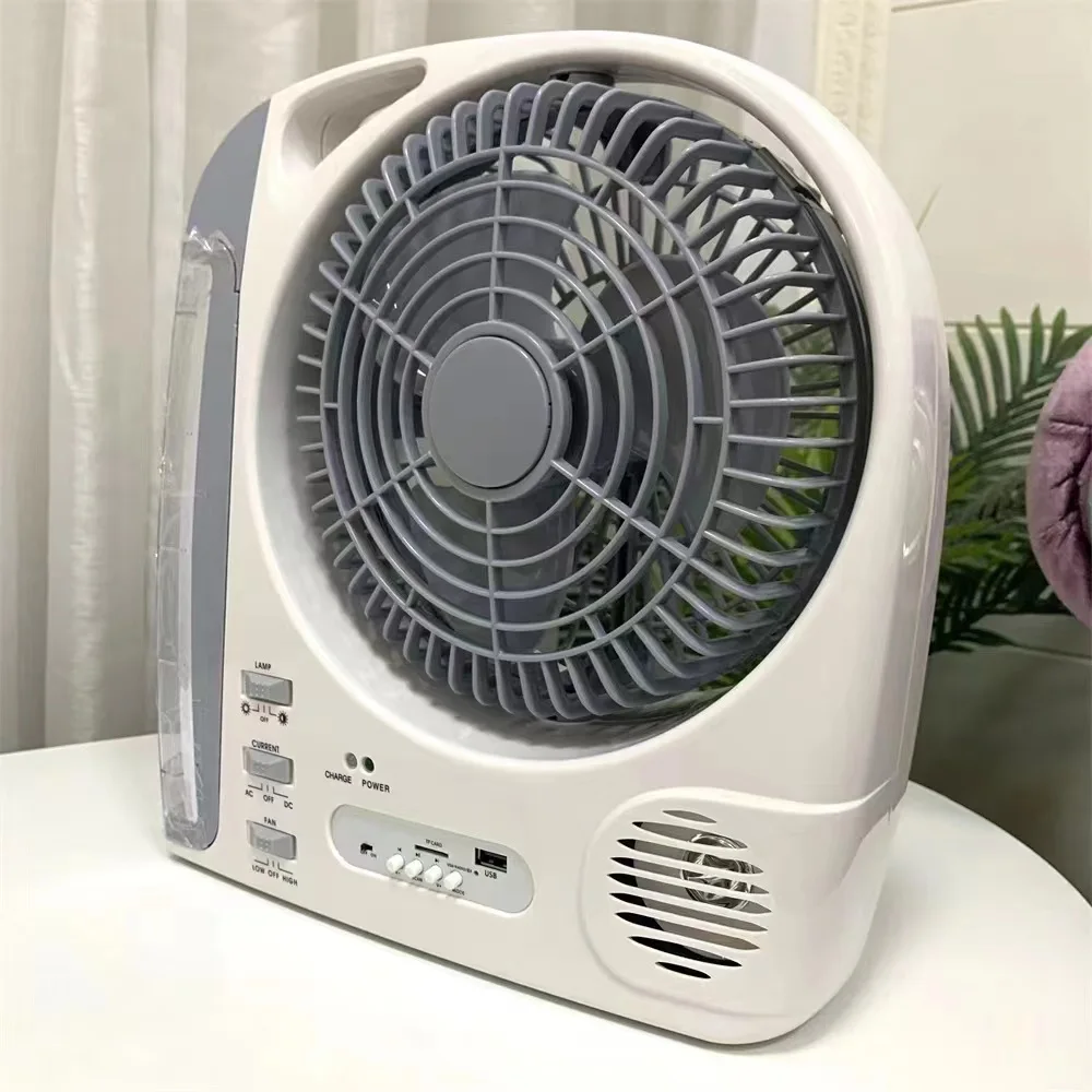 Wholesale Home Electric Portable Small Rechargeable Solar Fan with Battery and LED Light FM Radio Speaker Mini