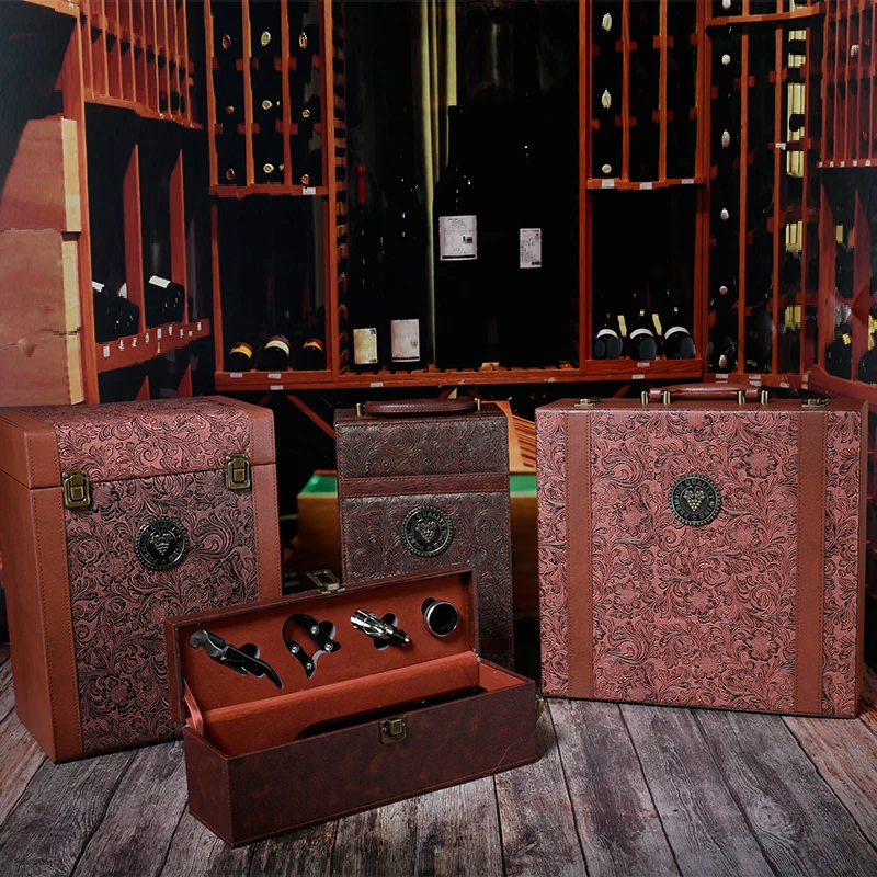 Phoenix tail pattern pu leather gift wine box free sample handmade 6 bottle wine box luxury wine box with bar tool