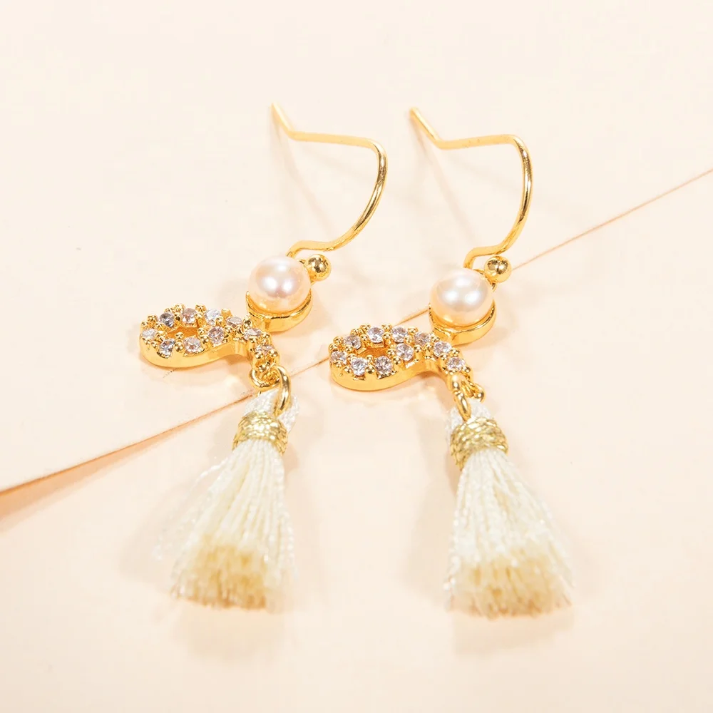 Mini ivory color tassel zircon stones brass part 18k real gold plated fresh water pearl earrings for women jewelry