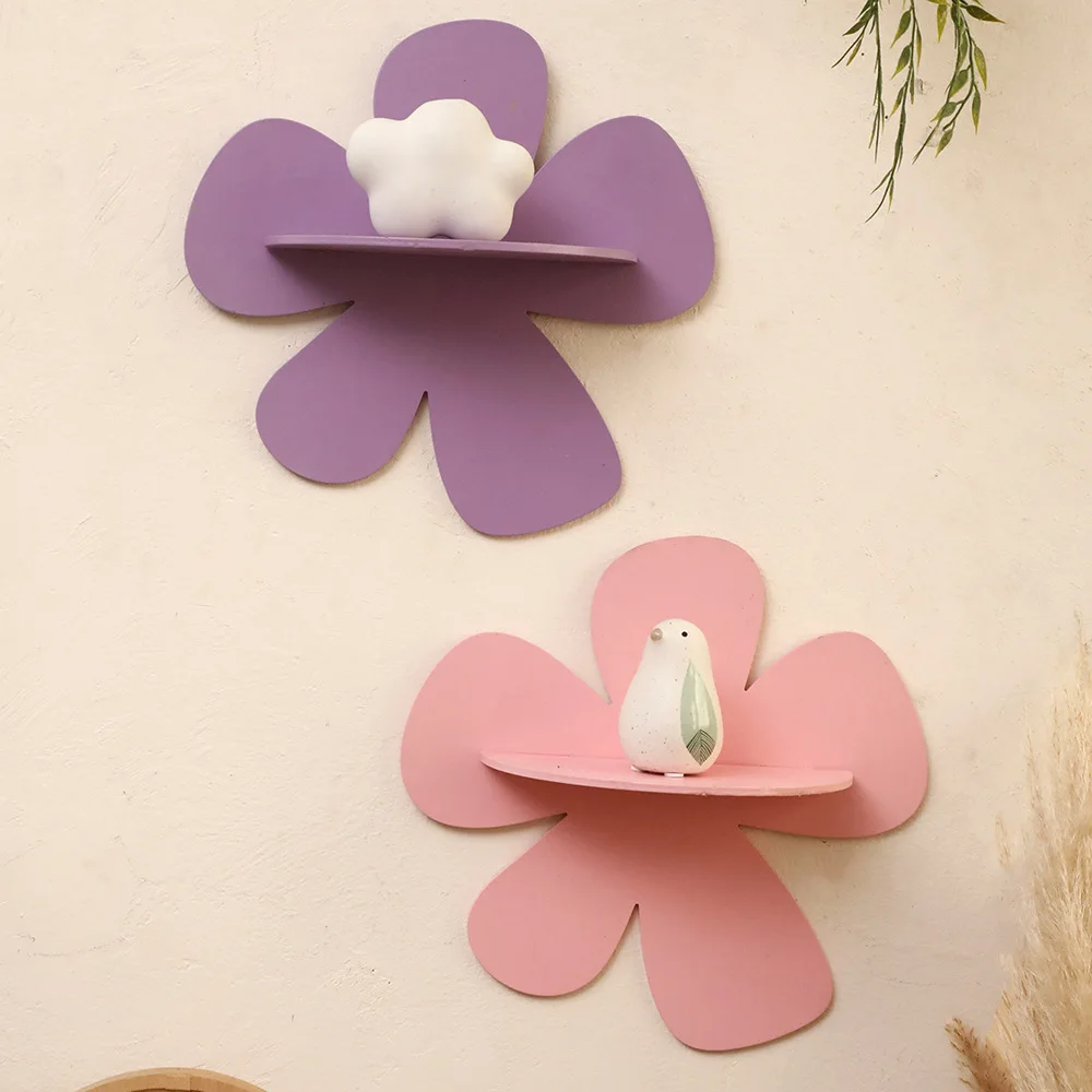 Creative Flower Wall Shelf Wooden Wall Mount Shelf Pink and Purple Flower Design Wall Hanging Organizer Bedroom Home Decoration