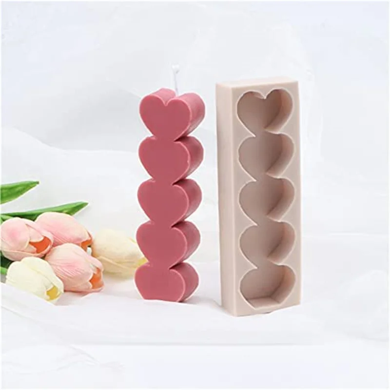 DIY Homemade Reusable 5 Heart-Shaped Love Silicone Candle Mold 3D Soap Wedding Party Dinner Candle Making Home Decoration