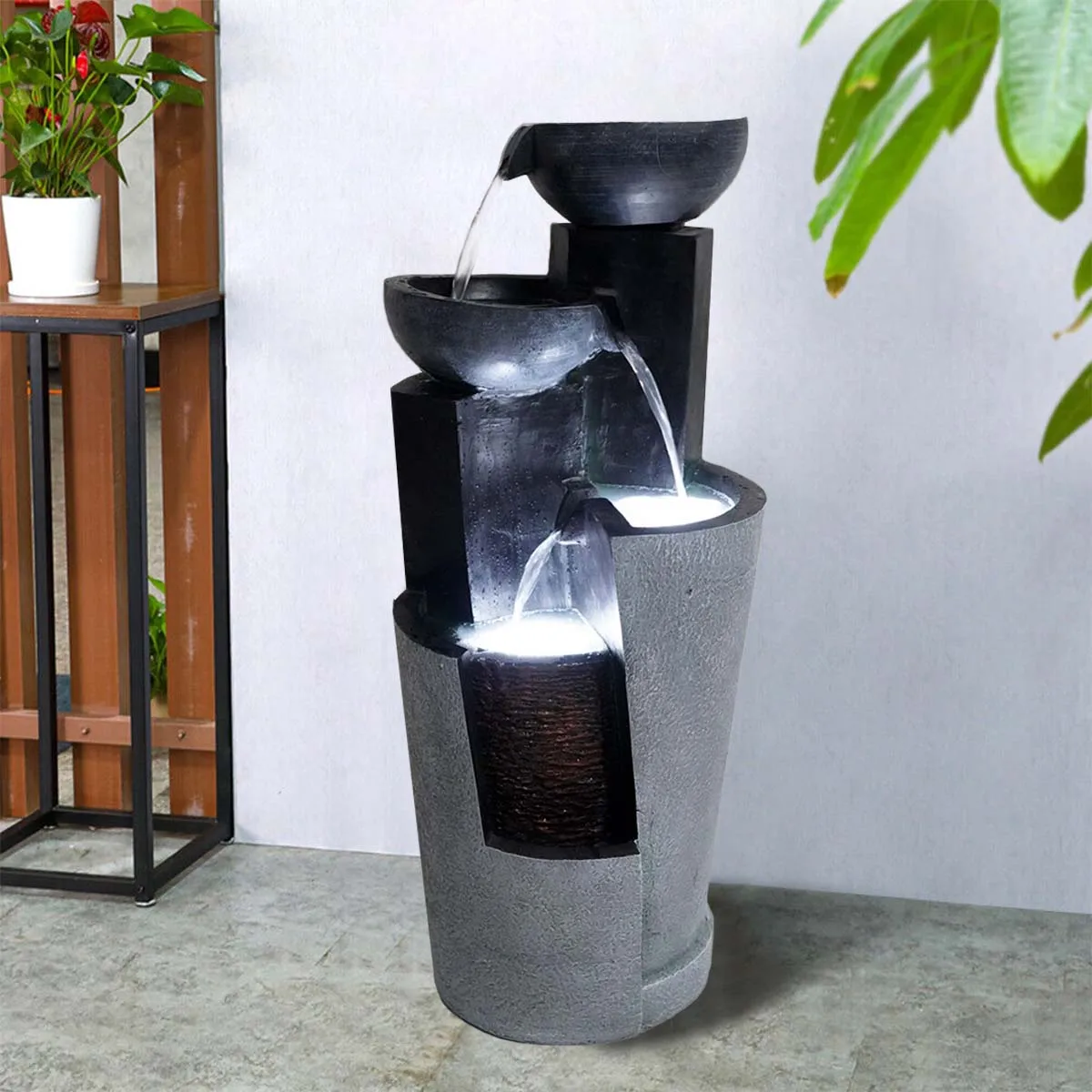4 layer bowl water fountain feature cascading waterfall solar garden fountain decor