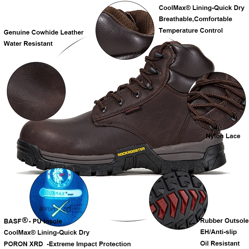 
ROCKROOSTER Genuine Leather Construction Boots Working Boots Shoes For Worktime Industrial Safety Leather Shoes SBP Footwear 