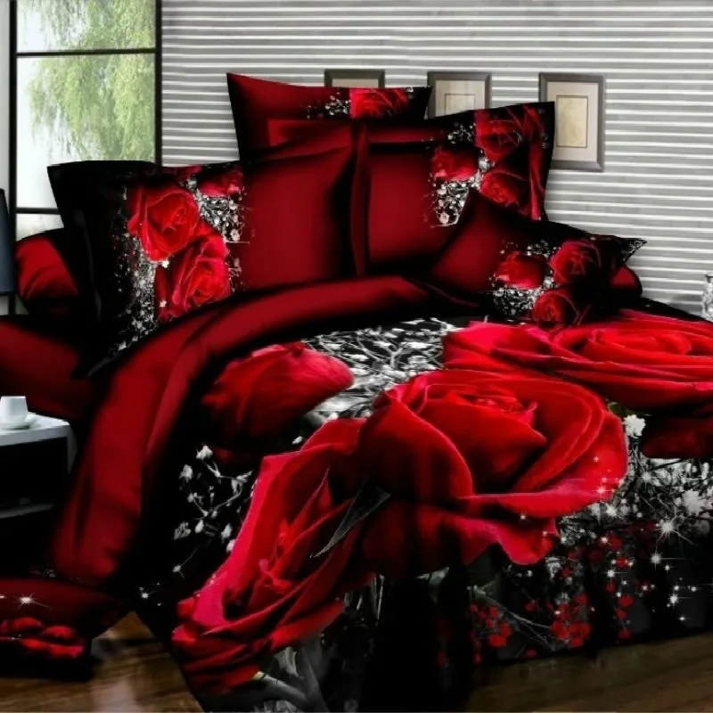 3D Floral Printed Bedclothes Wedding Decorative Cover Sheet Pillowcase Romantic Red Rose 4Pcs Bedding Set For Adults/