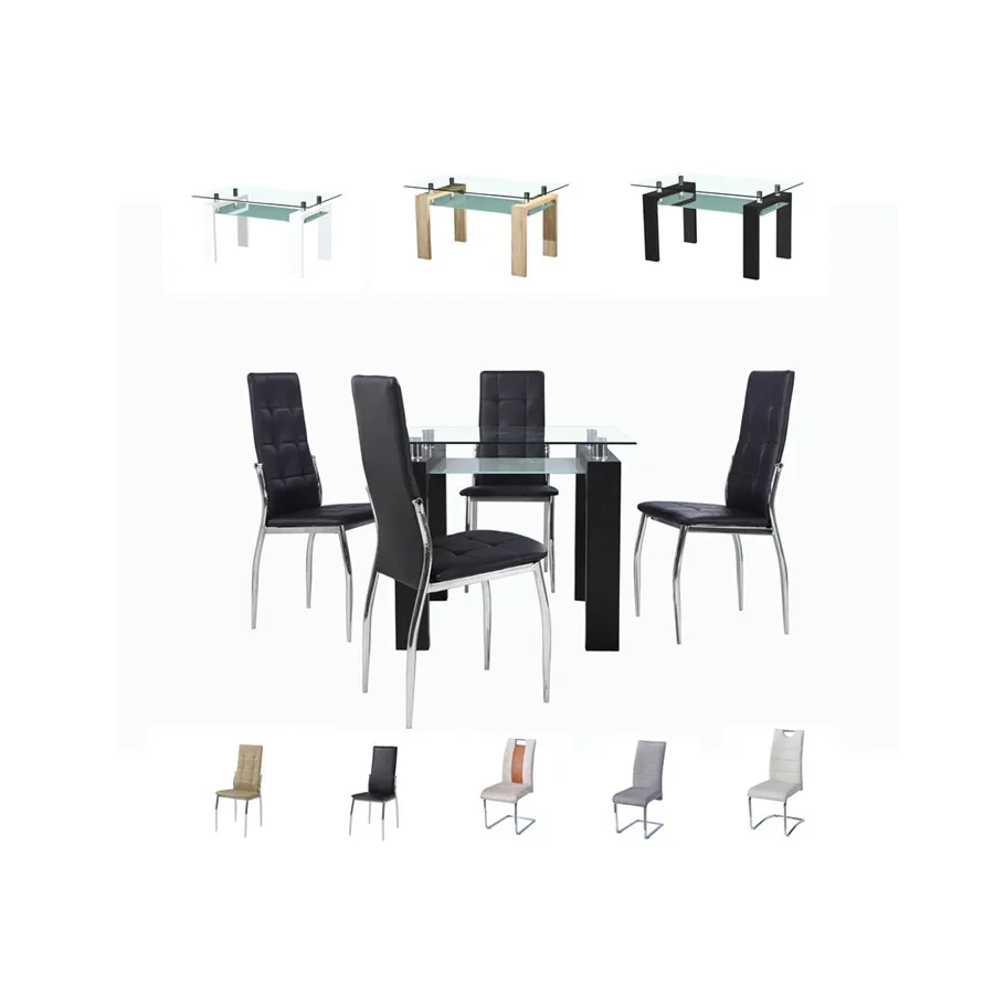 2021 Bazhou City Customized Tempered Glass Top Dining Room Table Set Black PU Metal Legs Dining Table