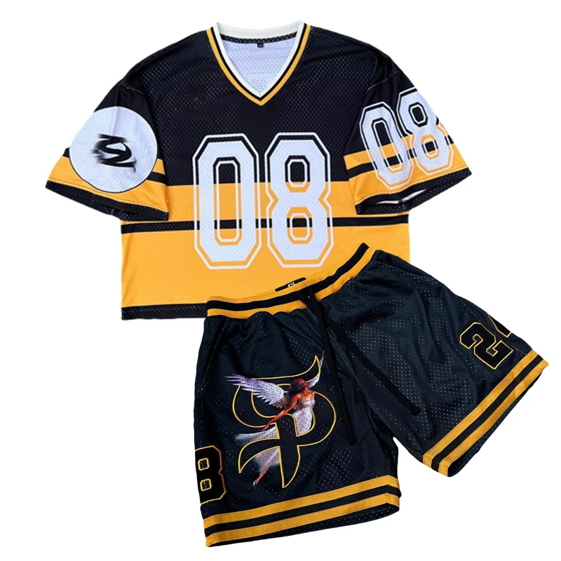 Mens Custom Mesh Gym Shorts And Mesh Football Shirts Men Track Suit Streetwear Oversized Tech Short Sets