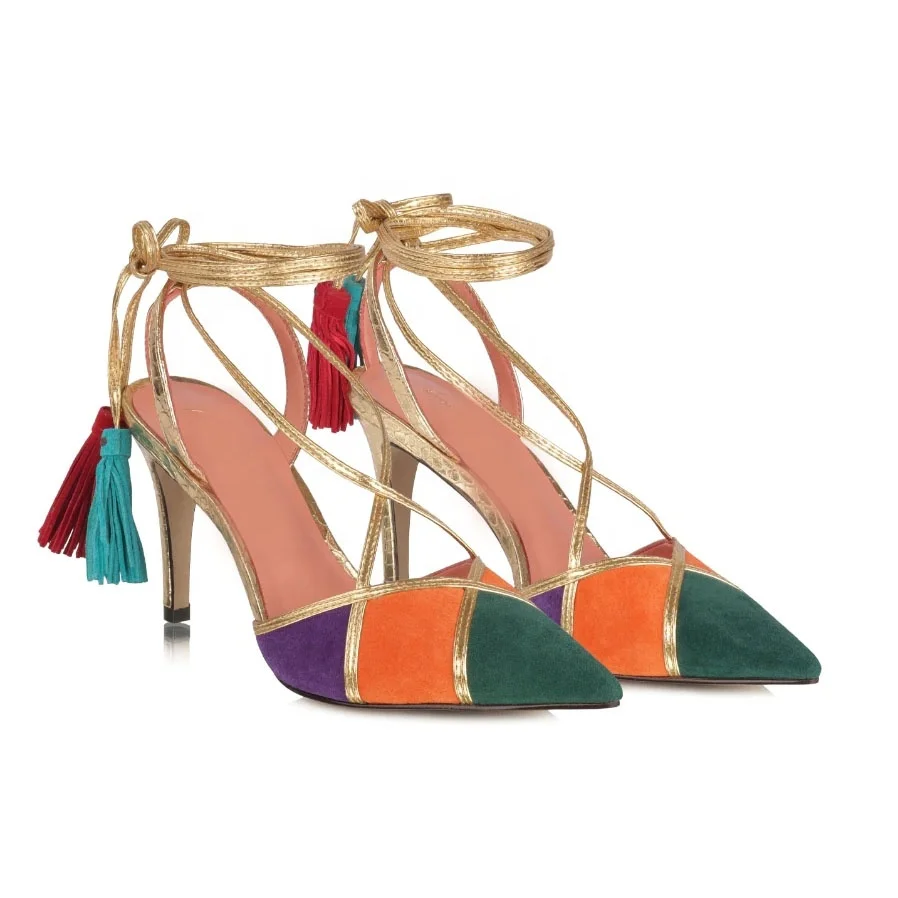 Anmairon Designer Shoes New Styles Of 2021 Metallic Pu Suede Leather Color Matching Pointed Toe Tassel Lace Up Women Dress Shoes