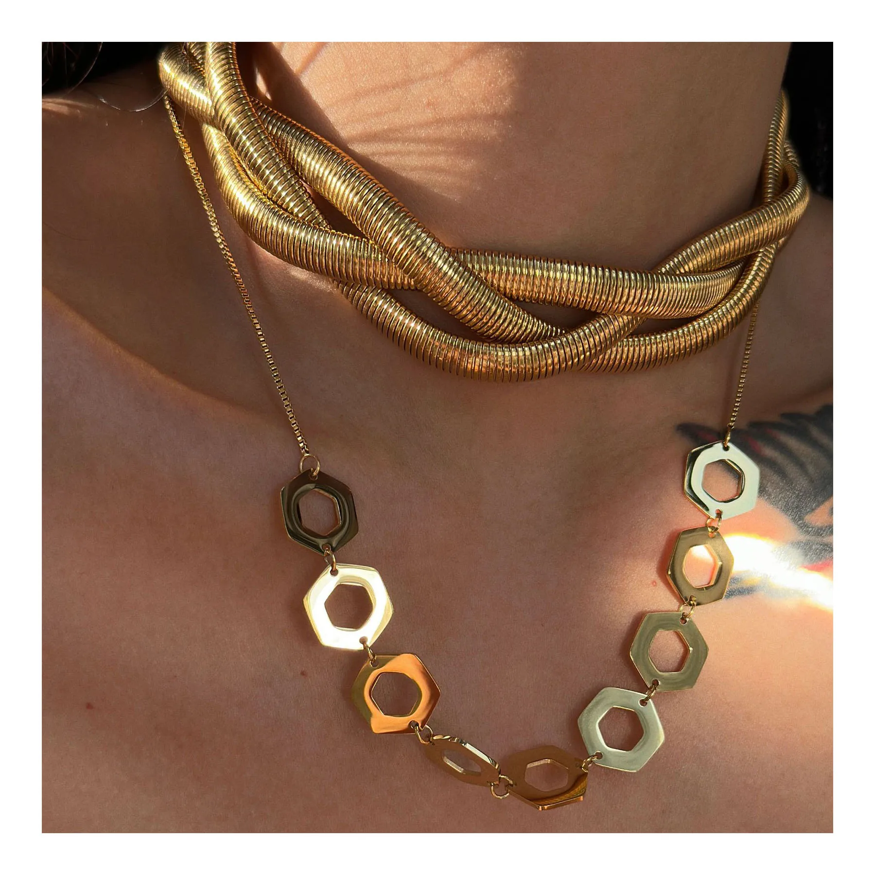 XIXI Exaggerate Chunky 18K Gold Plated Women Stainless Steel Clavicle Winding Thick Link Chain Fashion Jewelry Necklaces