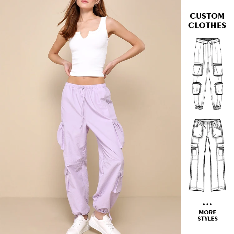 Custom OEM Manufacturer Vintage Pockets High Waist Streetwear baggy Casual ladies Long parachute Cargo Pant for women Trousers