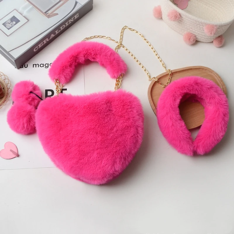 Aotemao 2021 New Fashion Fur Heart Purse with Headband Set Designer Lady Cute Heart Shaped Purse Handbags