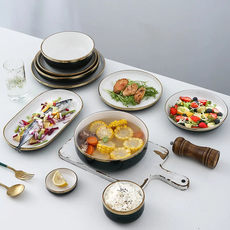 Luxury Gold Rim White Porcelain Ceramic Kitchen Utensil Plate Dish Bowl Dinner Dinnerware Set