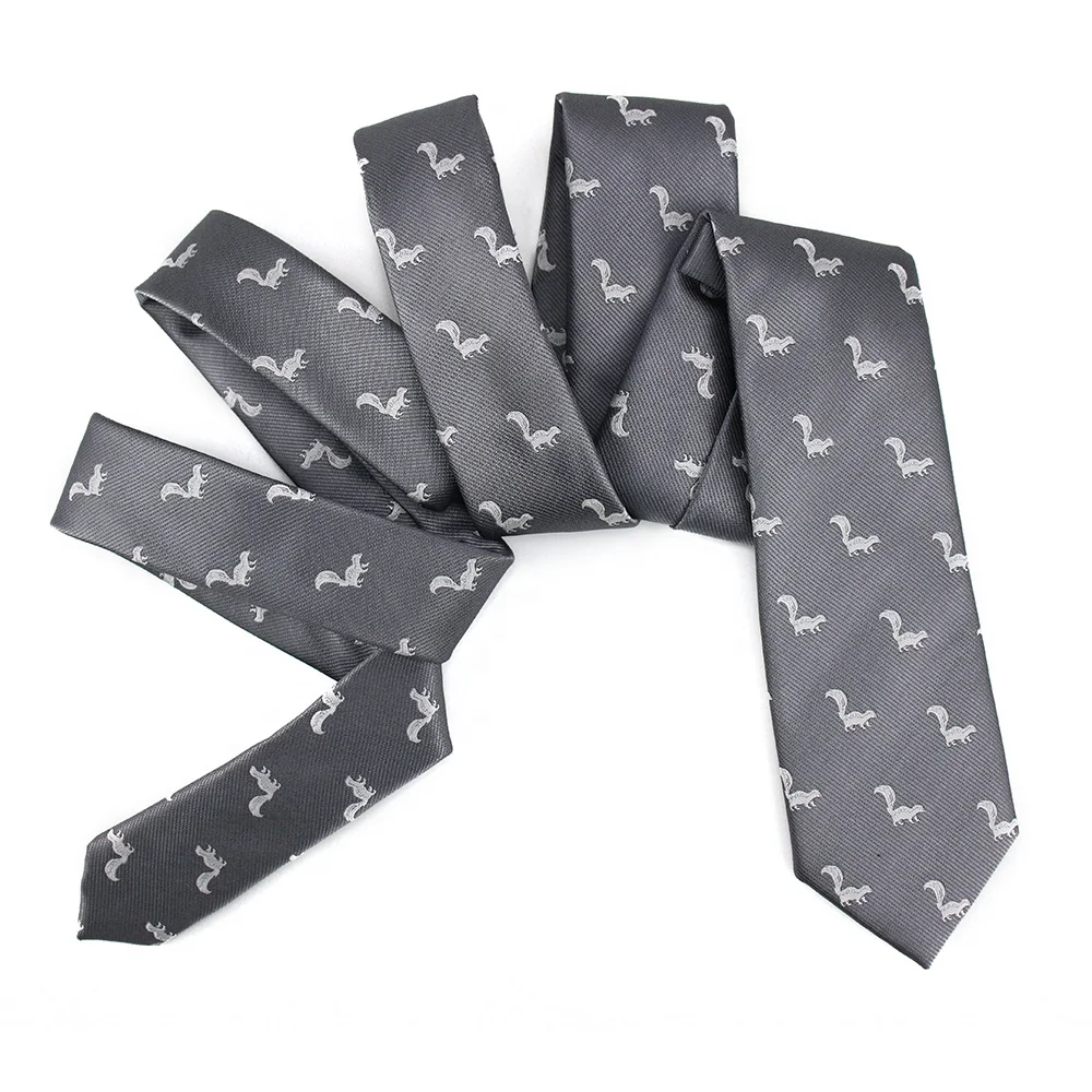 Custom Fashion Squirrel Pattern Logo Men Tie Gray Animal Polyester Woven Neckties Manufacturers