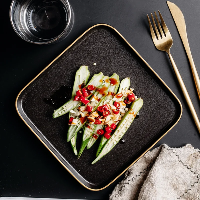 Square Dinner Dish Porcelain Luxury Matte Black Dishes Gold Rim Ceramic Restaurant Plate