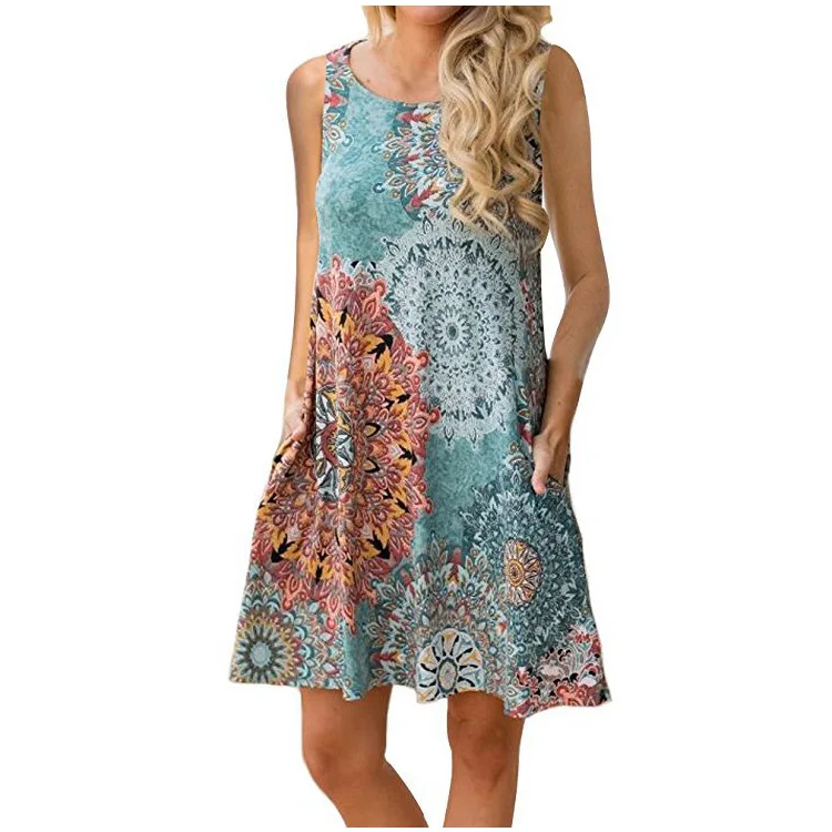 Europe and the United States sleeveless pockets bottoming shirt T shirt printed dress casual short-sleeved dresses