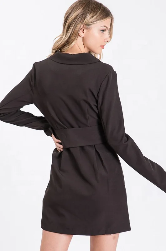
2020 hot sale women office style black V collar long sleeve one-piece dress with belts 