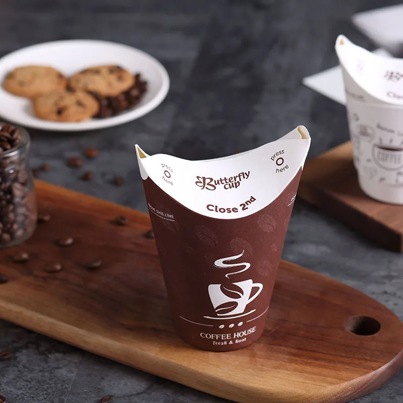 Custom disposable hot drink coffee milk tea paper cup takeout chicken rice french fries fried chicken butterfly paper cup