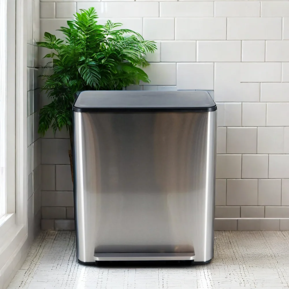 50L Rectangular Stainless Steel Recycling Trash Garbage Can 2-Compartment Metal Rubbish Bin with Pedal Waste Bin Collection