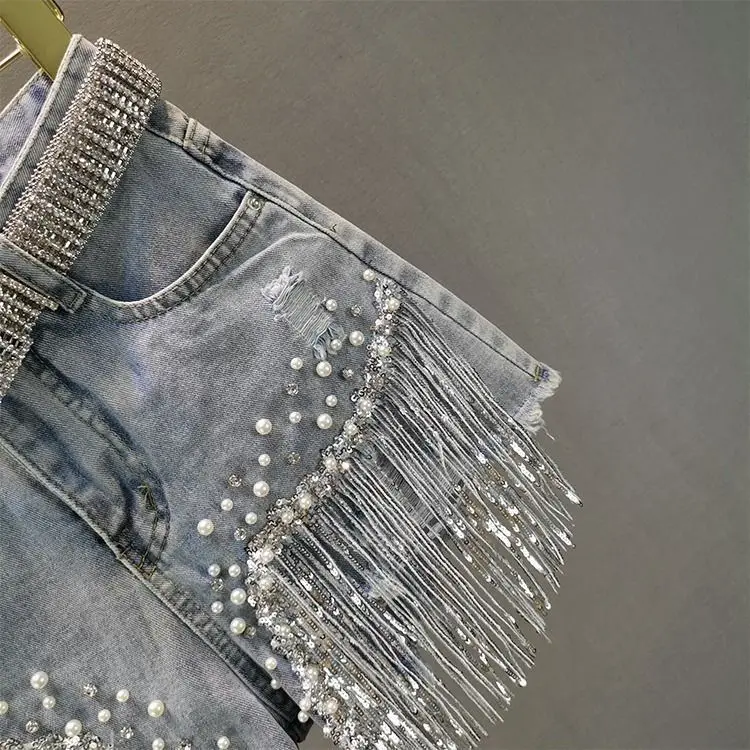 2022 Fashion Streetwear Korea Women High Waist Ripped Pearl Beaded Rhinestone Sequin Fringed Tassel Denim Ladies Jeans Shorts