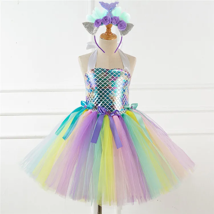 Girls Cosplay Mermaid Tutu Dress Birthday Costume for Girls 2-12 years