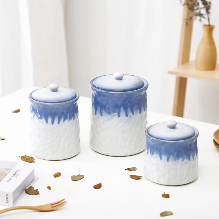 China bulk wholesale custom logo white blue shiny glaze cheap kitchen coffee tea sugar ceramic canister set of 3
