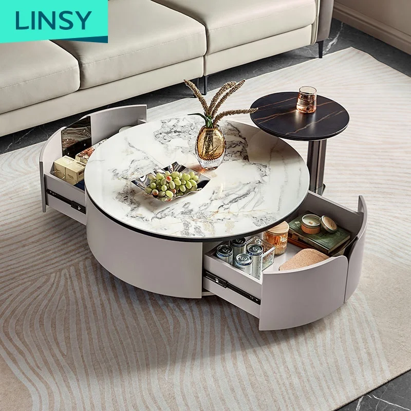 Linsy New Arrival Luxury White Marble Coffee Table And Tv Stand Stone Modern Storage Black Wooden Coffee Tables Set Ll1M