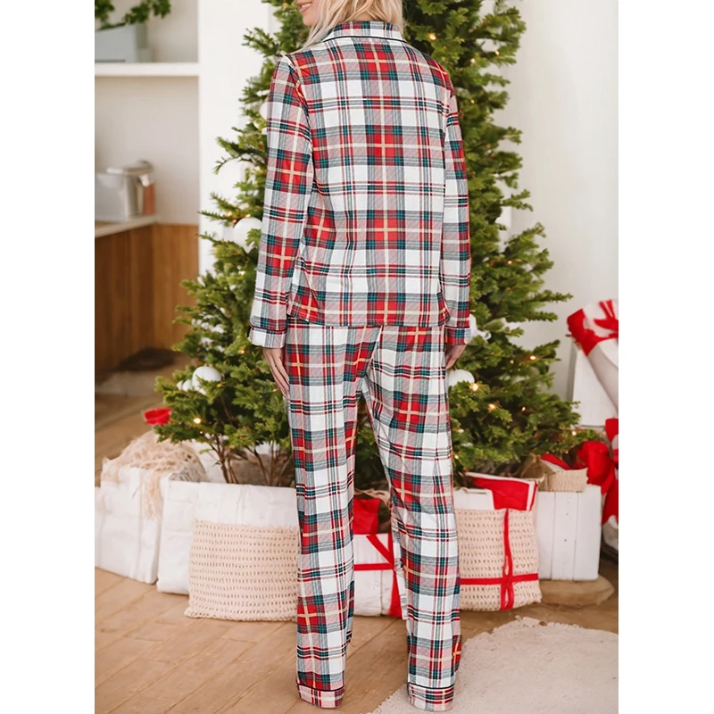Dear-Lover Wholesale In Stock Fast Shipping Christmas Plaid Print Two Piece Long Sleeve Pajamas Home Wear Set For Woman