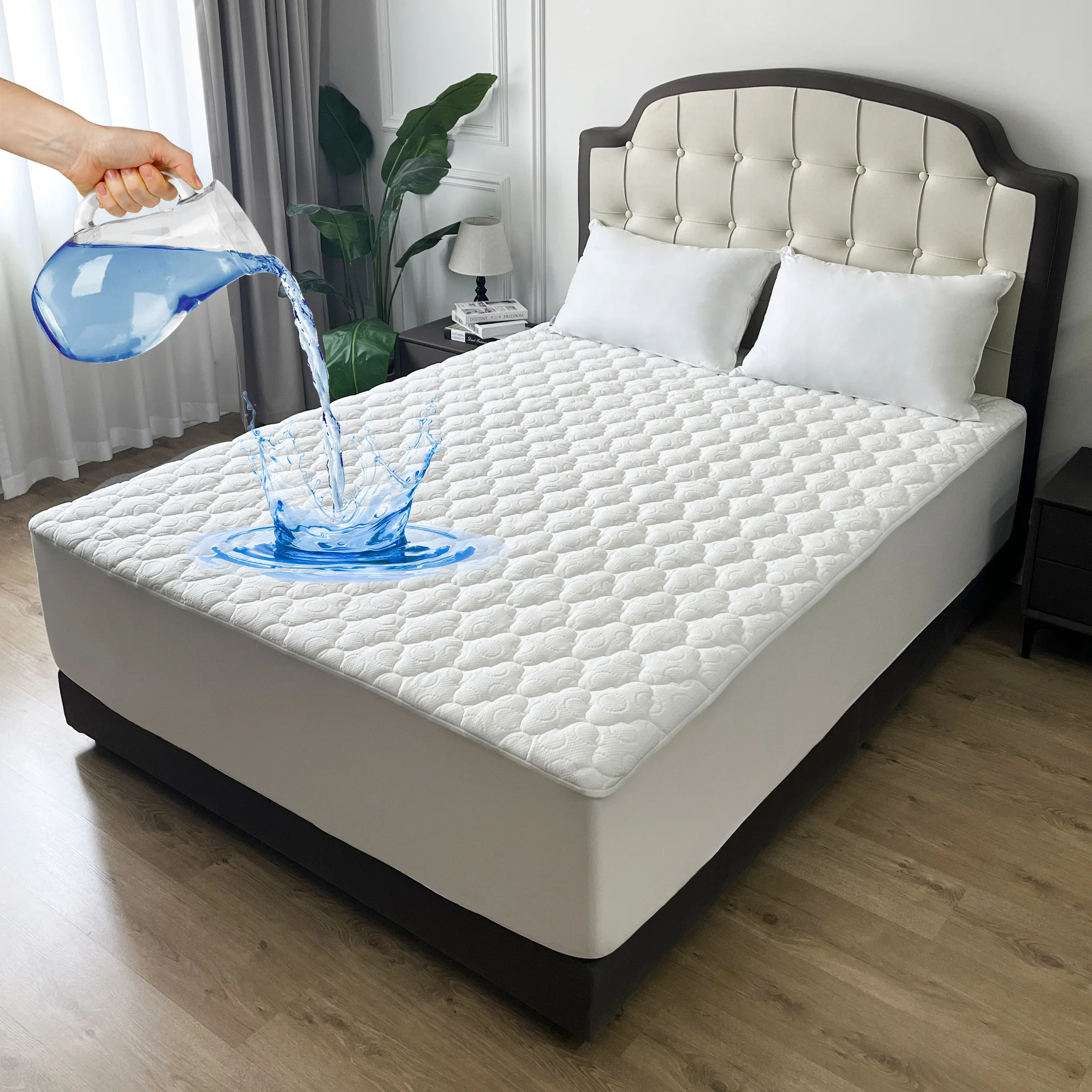 Quilted waterproof bed mattress protector cover cheap premium white hypoallergenic breathable luxury mattress topper pads