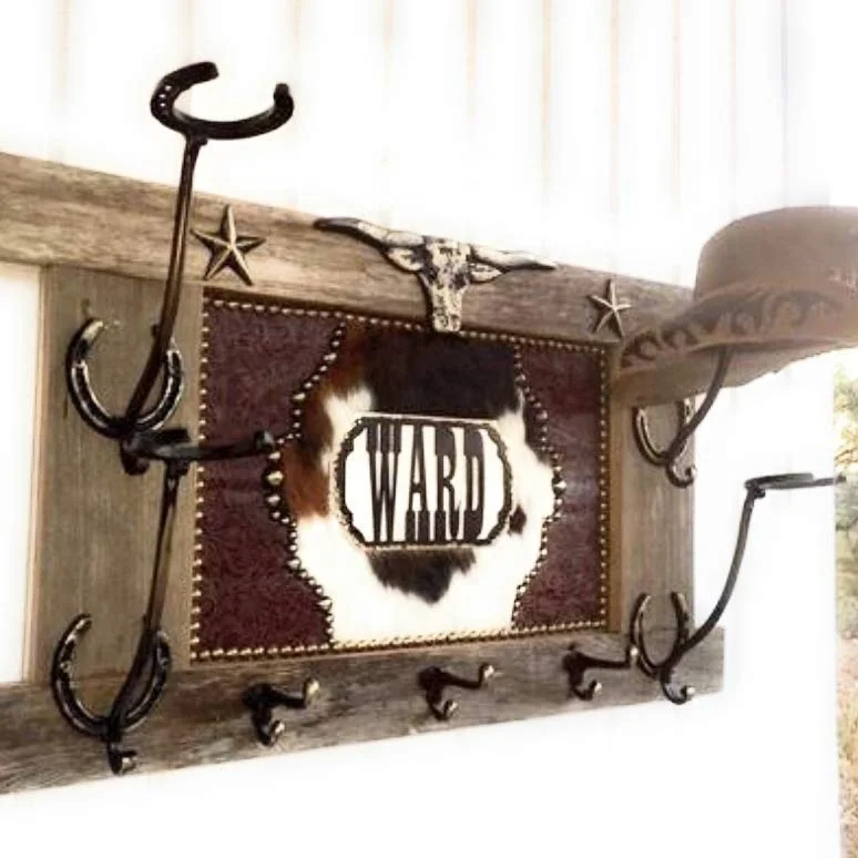 Western Decor PERSONALIZED Cowboy Hat Holder Coat Rack Reclaimed Wood Longhorn Horseshoes