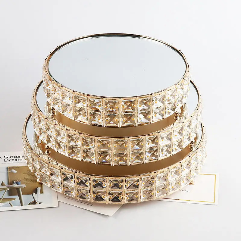 Gold Mirror Glass Cake Stand Crystal Metal Round Fruit Plate Cake Display Stand Tray Dessert For Birthday Wedding Decoration