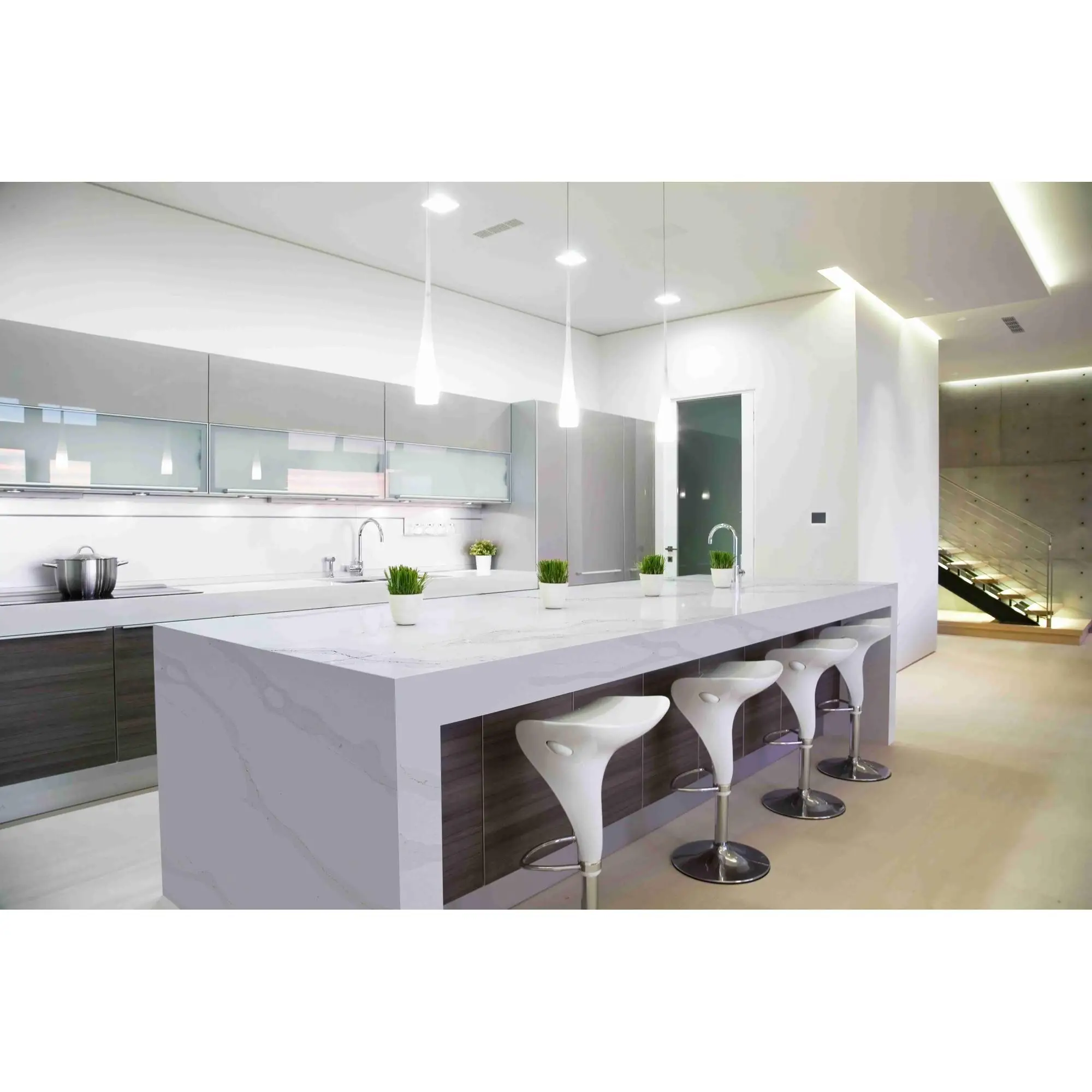 High Quality Modern Design Artificial Calacatta White Quartz Stone Slabs Glossy Finish Kitchen Bathroom Competitive Factory Home