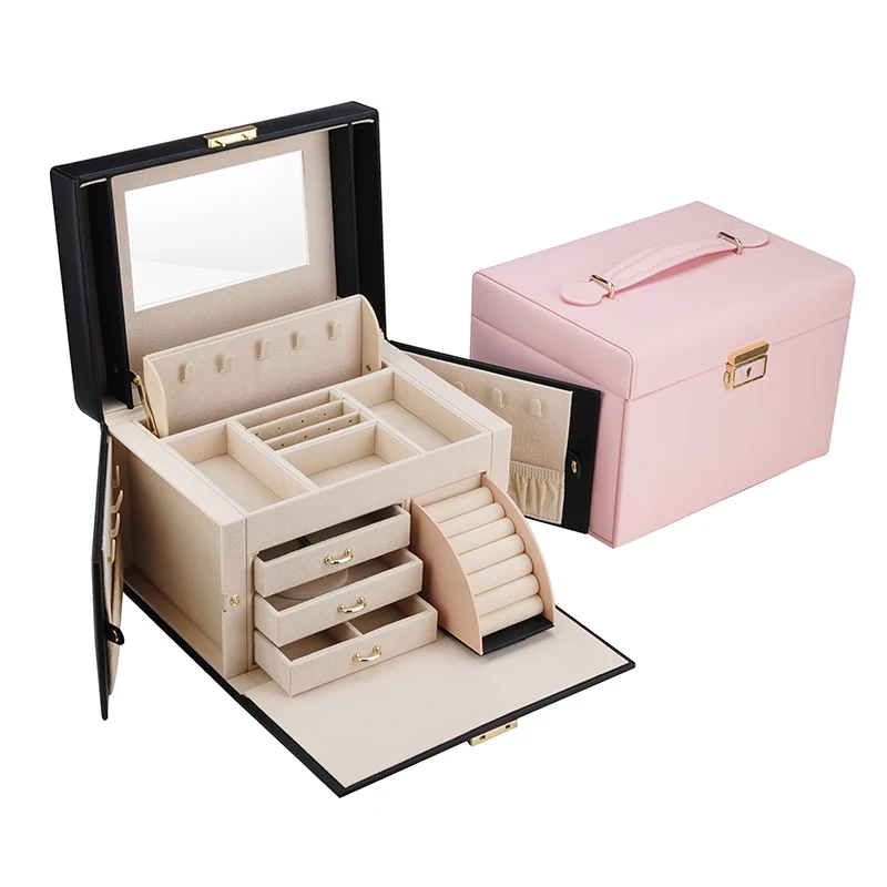 2020 Custom logo Handmade Luxury PU Leather Jewelry Box Organizer with Mirror  Ring pink Jewellery packaging  box
