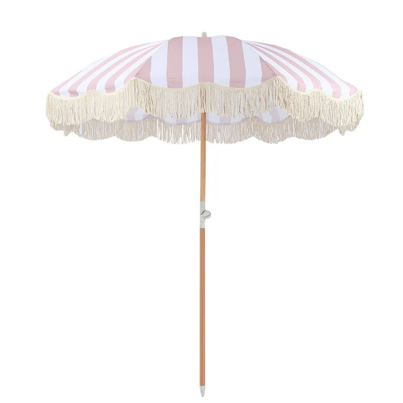 Beach Umbrella with Fringe  Tassel Umbrella UPF50+ with Push Botton Tilt & Crank, Holiday Outdoor Umbrella with Carry Bag Ideal