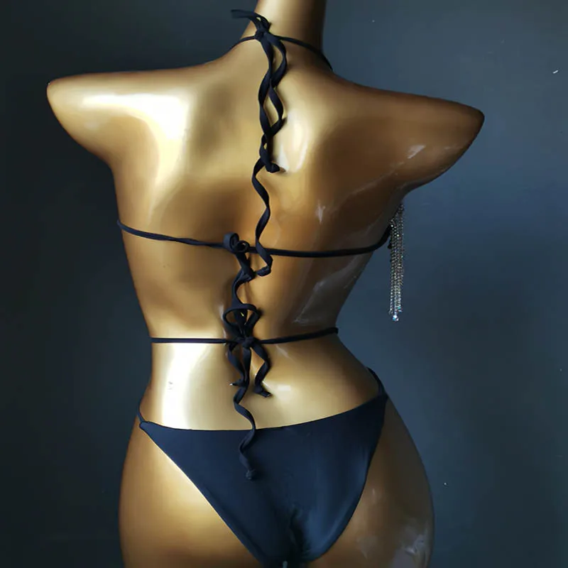 NEW STOCK 3Colors Diamond Swimwear Long Ties Fringes High Leg Brazilian Crystal One Piece Swimsuit