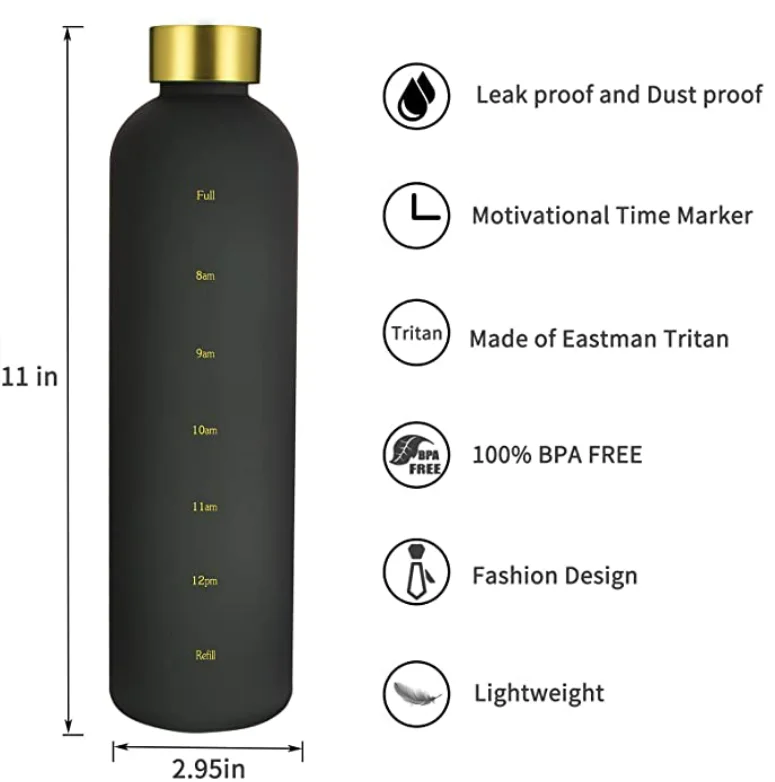 Water Bottle with Motivational Time Marker Reminder 32oz 1 Liter BPA Free Frosted Tritan Plastic Leakproof and Durable Water jug