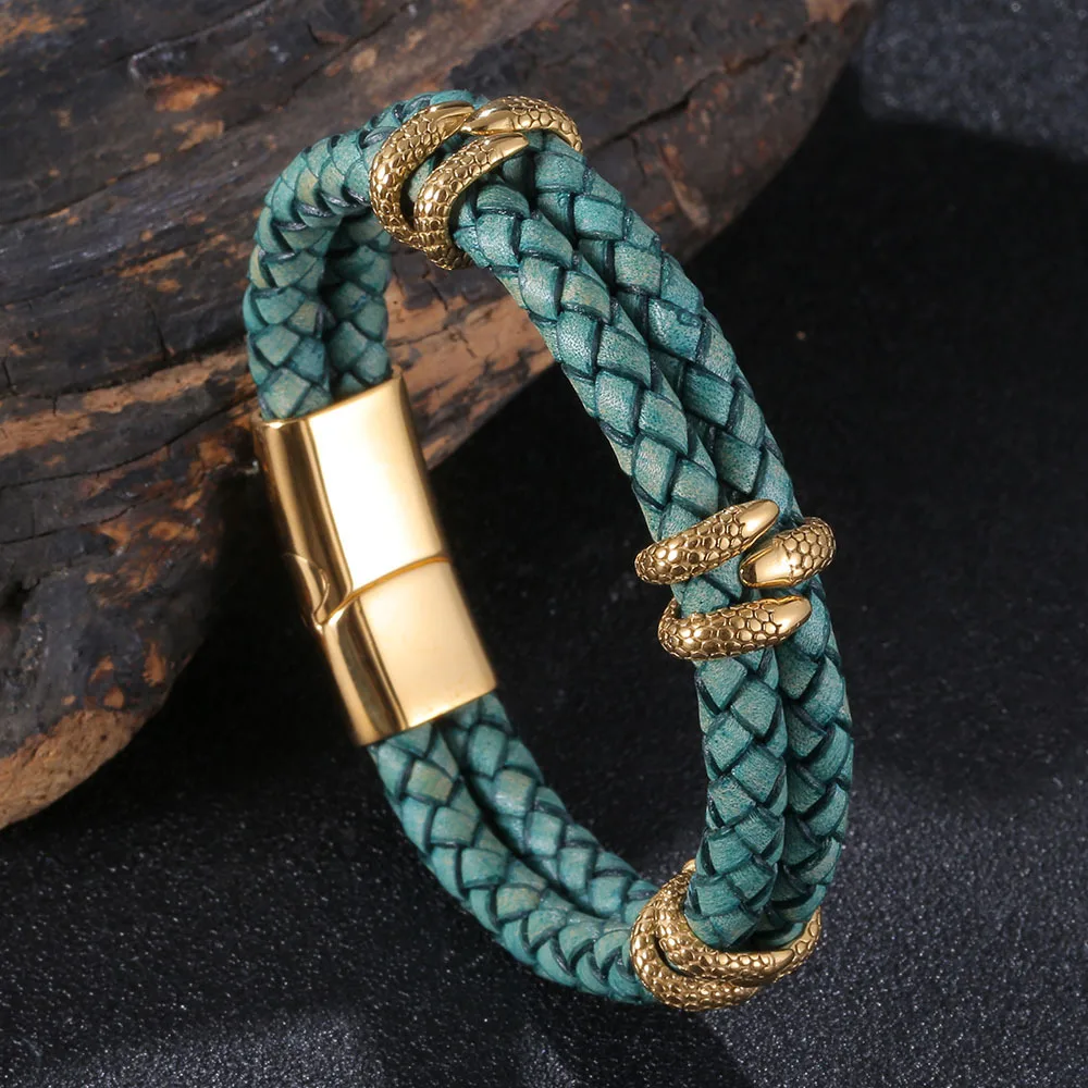 Stylish Jewelry Stainless Steel Magnetic Gold Clasp Eagle Claw Charm Genuine Leather Bracelet For Men Gift Wholesale Customize