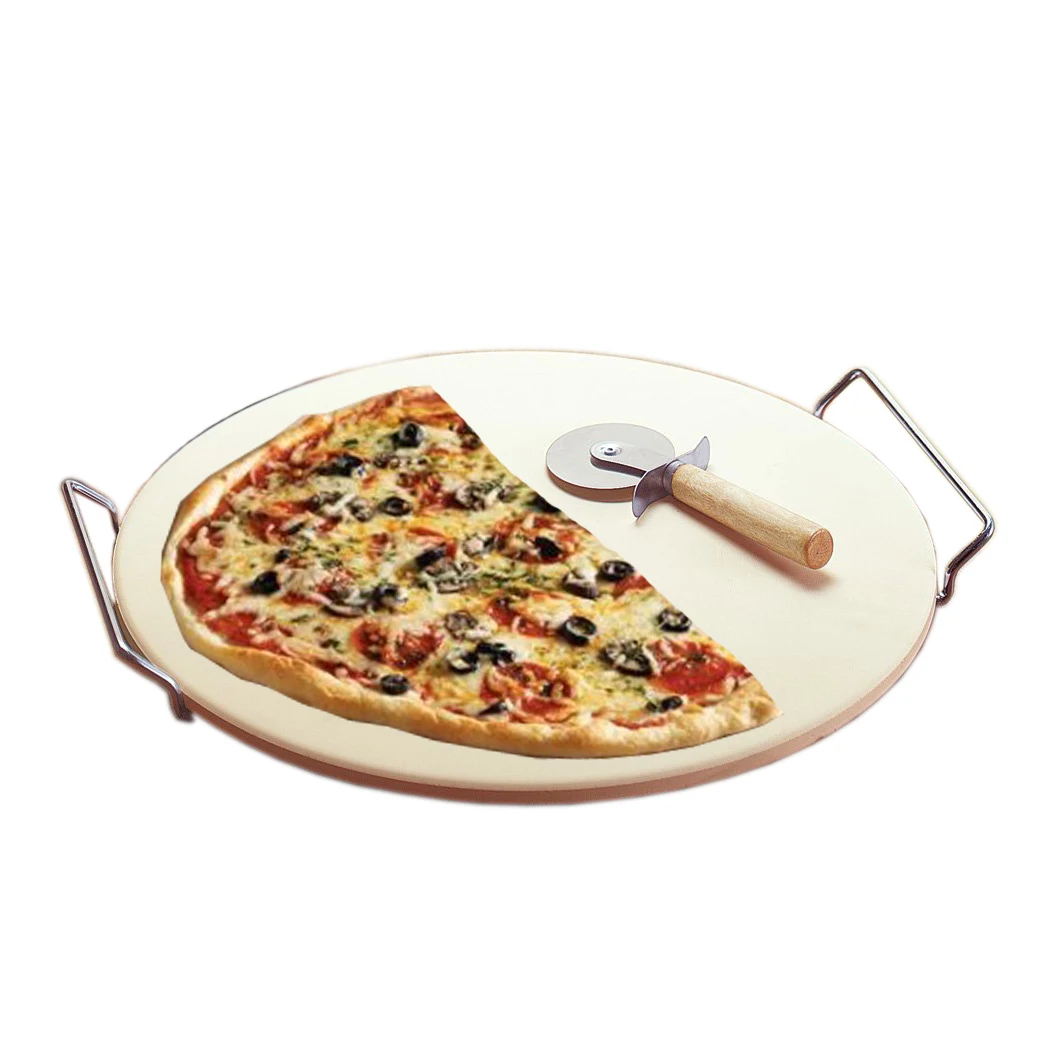 13 Inch Ceramic Pizza Stone Set With Rosewood Handle Pizza Cutter