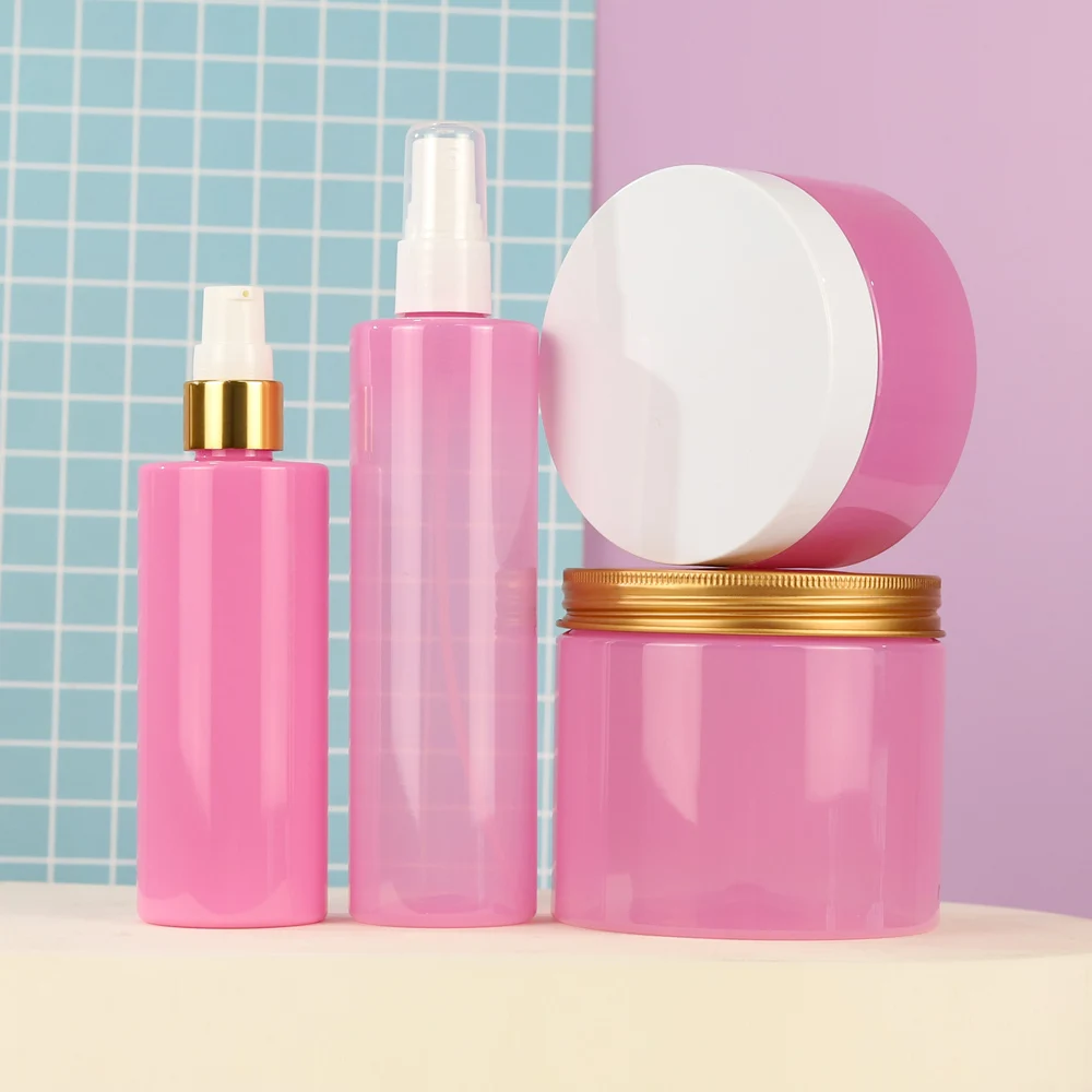 Custom Plastic Cosmetics Packaging Luxury Cosmetic Packaging Set Skin Care Pink Cylinder Bottles And Jars