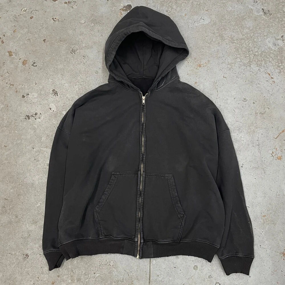 Men Vintage Acid Wash Distressed Hoodie Organic Cotton Oversized Heavyweight Zip Up Vintage Hoodies