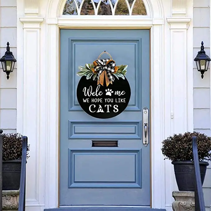 16 Inch Welcome Sign Front Door Hanger Wreath Welcome Me  We Hope You Like Dogs Farmhouse Door for Home Decoration Outdoor Ind