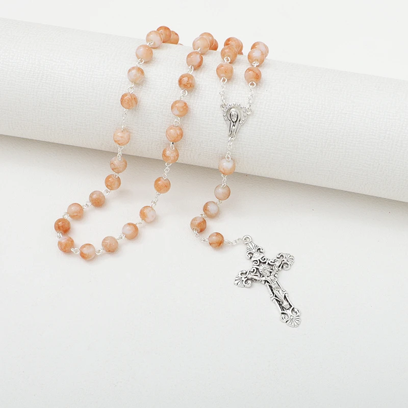 Hot Holy Catholic Blue Glass Stone Beads Rosary Necklace With Sliver Jesus Cross Religious Necklace