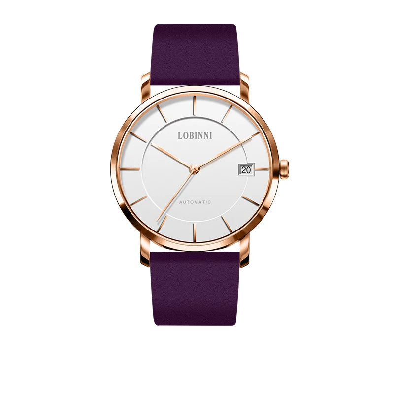 LOBINNI New Fashion Minimalist Purple Leather Strap Automatic Mechanical Movement Watch For Women Luxury Classic Design