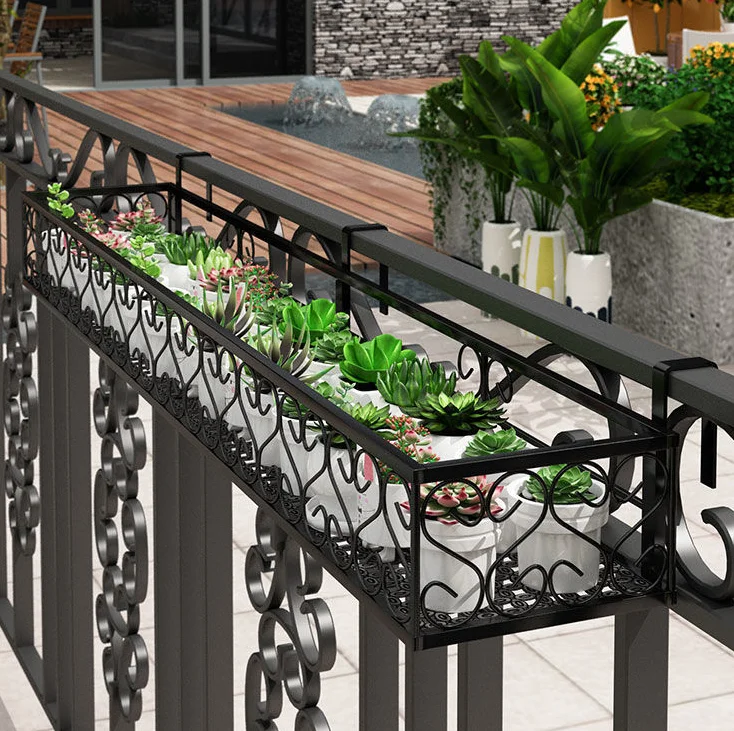 Iron Hanging Flower Rack Basket Shelf with Hooks, Flower Pot Stand Rack Patio Railing Shelf for Balcony Decor,  Garden Balcony