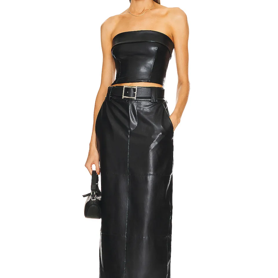 2023 Spring Fashion Sexy Women Black Crop Top PU Leather Back Zipper Strapless Boob Tube Top