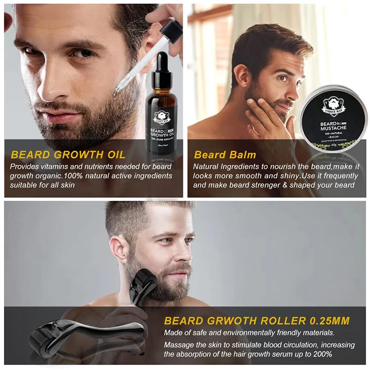 Wholesale hot selling beard growth kit for black men private label premium nature organic fast beard oil serum beard growth kit